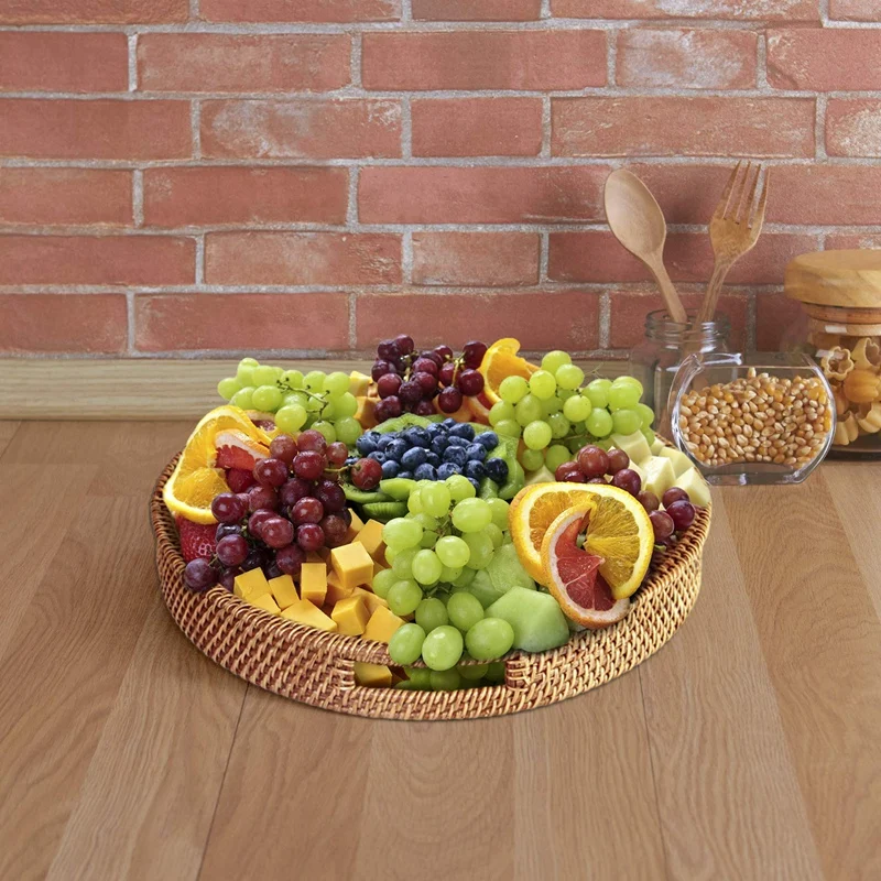 Rattan Tray With Handle- Hand-Woven Multi-Purpose Wicker Tray With Durable Rattan Fiber(Round 13.5 Inch Diameter, Natural
