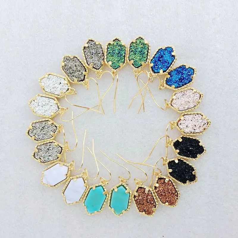 20 вариантов Drusy шестигранные Висячие серьги имитация лавы камни Друза золотого