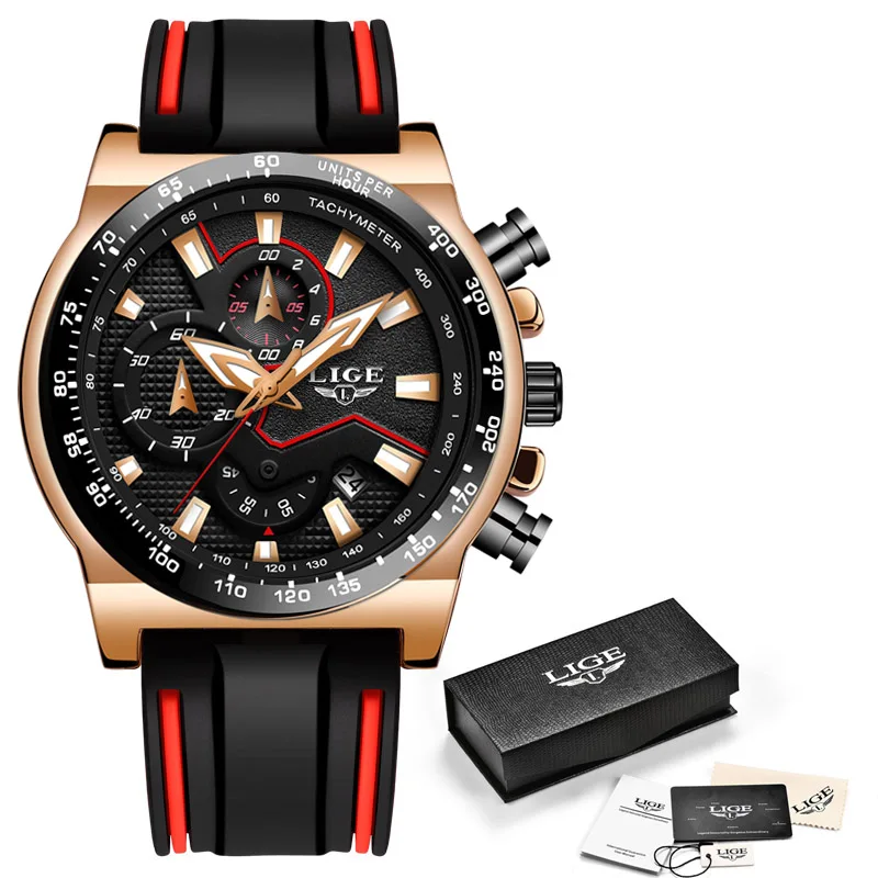Rose gold black Relogio Masculino LIGE новые силиконовые водонепроницаемые мужские часы Топ бренд класса люкс кварцевые часы Мужские Военные Спортивные Хронограф - Цвет: Rose gold black