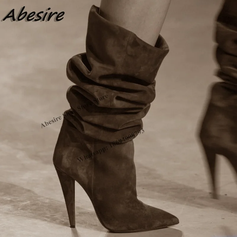

Abesire Boots Black Pleated Suede Mid Calf Solid Spike High Heel Solid Pointed Toe New Autumn Winter Big Large Size Women Shoes