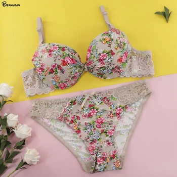 

Beauwear Women's Set Plus Size 90C-105C Bras 2Xl 3Xl 4Xl 5Xl Panties Floral Print Brassiere and Brief Sets Soft Sexy Lingerie