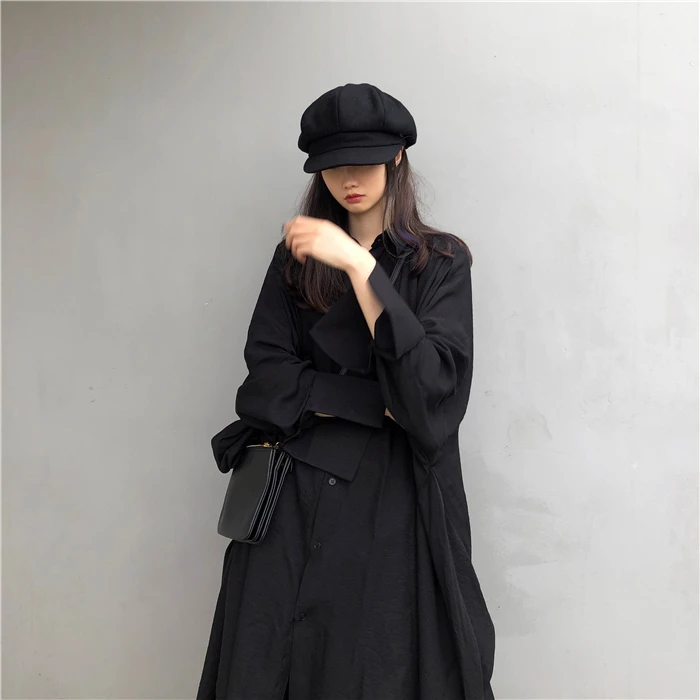 [EAM] женское платье-рубашка черного цвета с асимметричным подолом, новинка, с отворотом, с длинным рукавом, свободный крой, модная одежда, весна-осень JX299