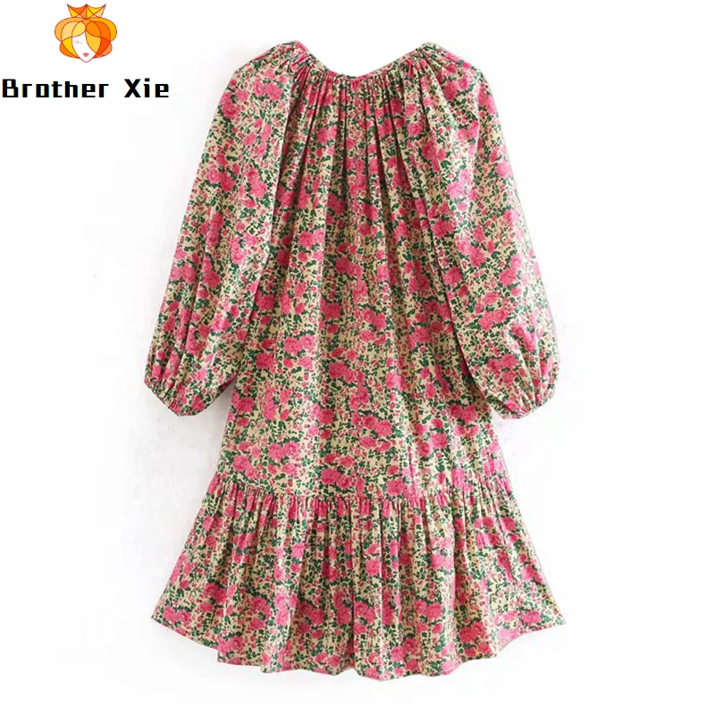 

Vintage O Neck Loose Dress Women Floral Print Lantern Long Sleeve Chic Short Dresses 2020 Spring Casual Pleated Mini Dress