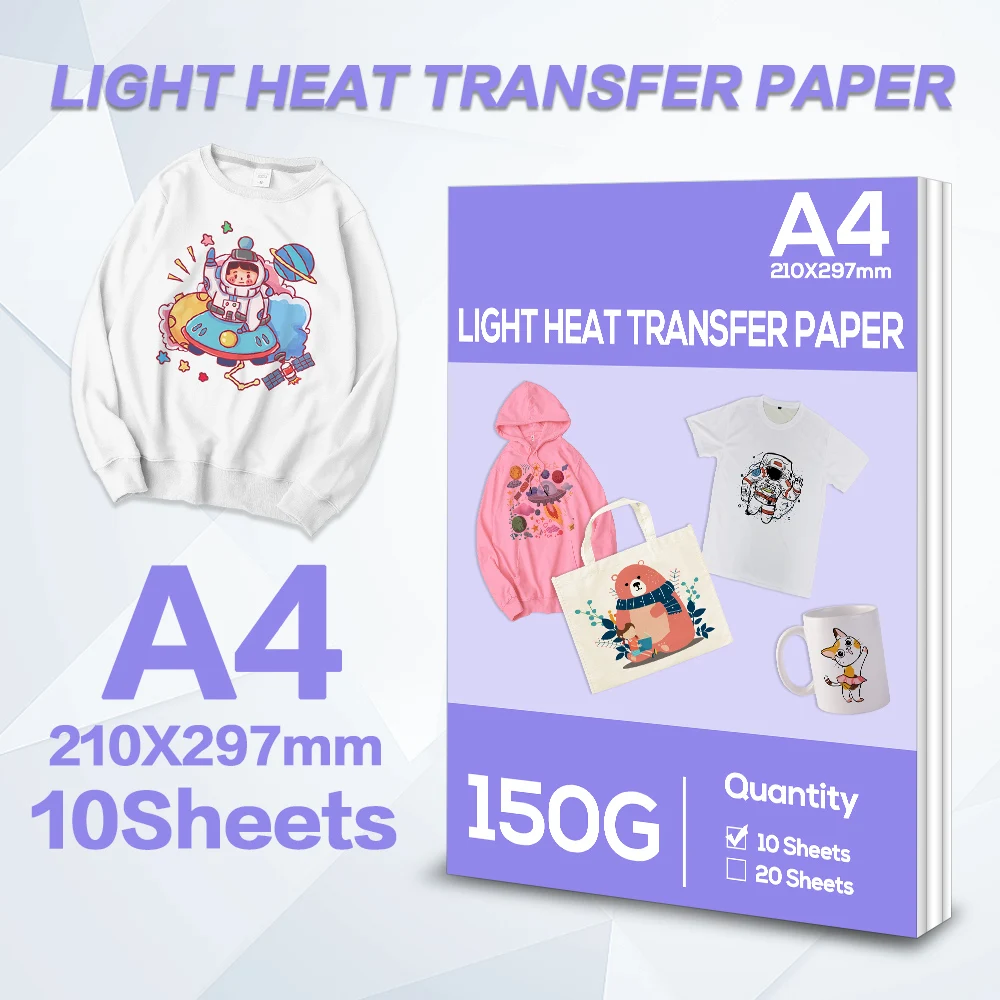 A4 10 camiseta sheets papel de transferencia térmica para impresora de inyección de tinta para el color de la luz de tejidos de algodón bolsa de tela de inyección de tinta de diseño de estampado