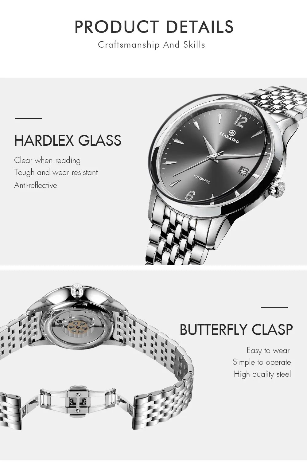 Старкинг китайский бренд механические Автоматические деловые мужские наручные часы черные полностью стальные мужские часы Горячие простые мужские часы AM0194