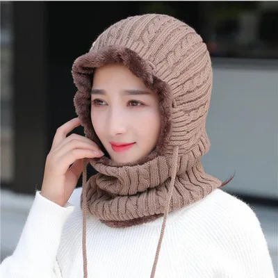 Seioum Woman Skullies Beanies Riding Windproof Mask Ear Protect Balaclava Winter Hats For Women Thick Warm Knitted Cap - Цвет: Khaki