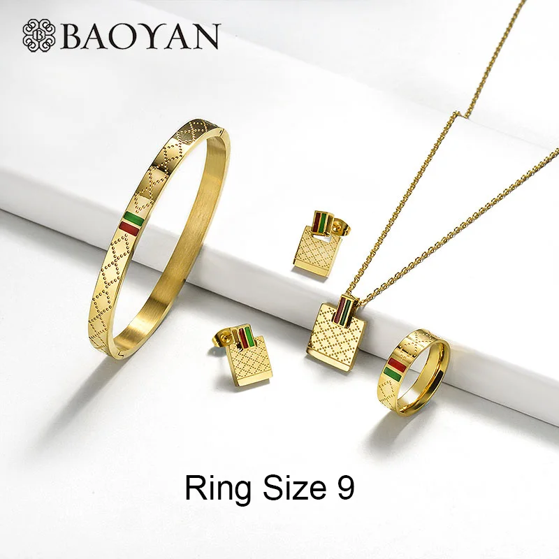 Baoyan, известный бренд, ювелирные изделия, опт, набор ювелирных изделий из нержавеющей стали, кольцо, ожерелье, браслет, серьги, Свадебные Ювелирные наборы для женщин - Окраска металла: Gold Jewelry Set-9
