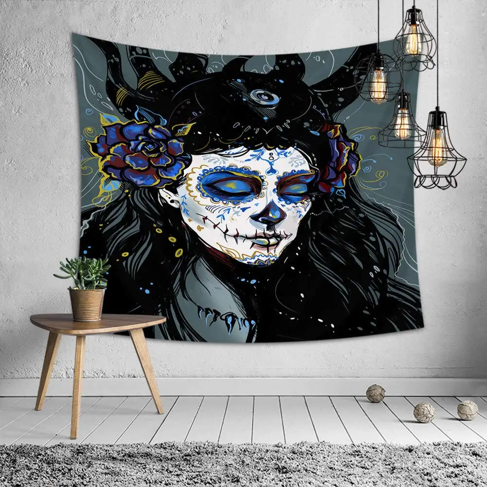 

Day of The Dead Black Tapestry Sugar Skull Face Paint Girl with Roses,Dia de Los Muertos,Dorm Decor