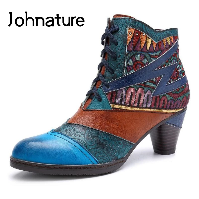 

Johnature Platform Boots 2019 New Winter Women Shoes Genuine Leather Zip Round Toe Hand-painted Cross-tied Handmade Ankle Boots