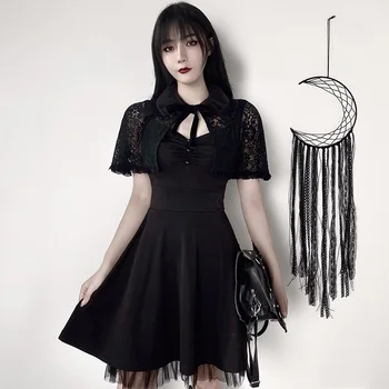 

InsGoth Vintage Mini Dress Women Gothic Lorita Lace Shawl Sleeveless Backless Black Dress Cosplay Party Sexy Female Dress