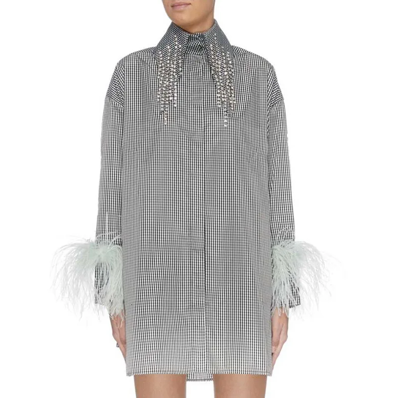 Женское платье-рубашка в клетку свободное летнее платье с длинным рукавом