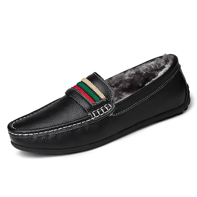 Men Loafers Shoes Genuine Leather Winter Fur Casual Male Boat Shoes Plush Party Shoes Slip On Driving Shoes Large Size 38-47 - Цвет: Wandai-3599-1-Black
