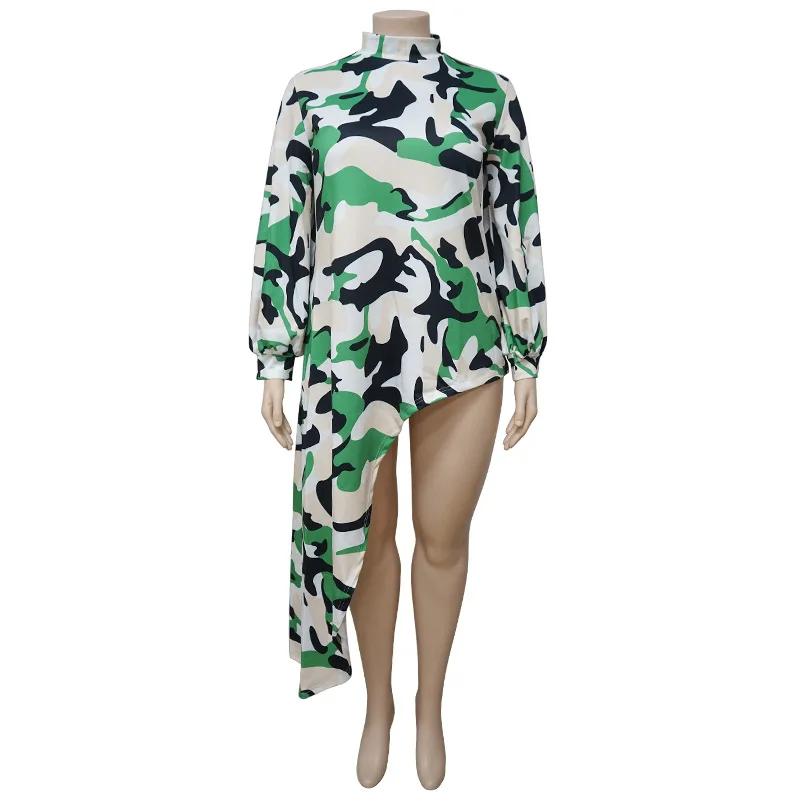 Plus Size Tops L-4xl Wholesale Long Sleeve Shirts for Women Camouflage Loose Casual Irregular Hem Polyester Blouses Dropshipping