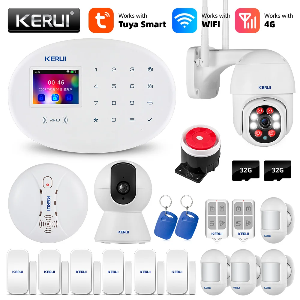 sound alarm device KERUI Tuya WIFI GSM 4G Smart Home Security Alarm System RFID APP Wireless Siren Sensor Detector IP Camera Sistema de alarmas security led lights Alarms & Sensors