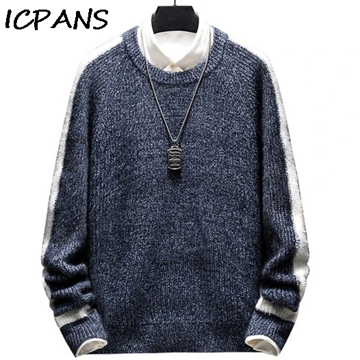 

ICPANS Striped Knit Sweaters Autumn Winter Sweater Fashion Long Paragraph Oversized Jumpers Men Women All-match Clothing