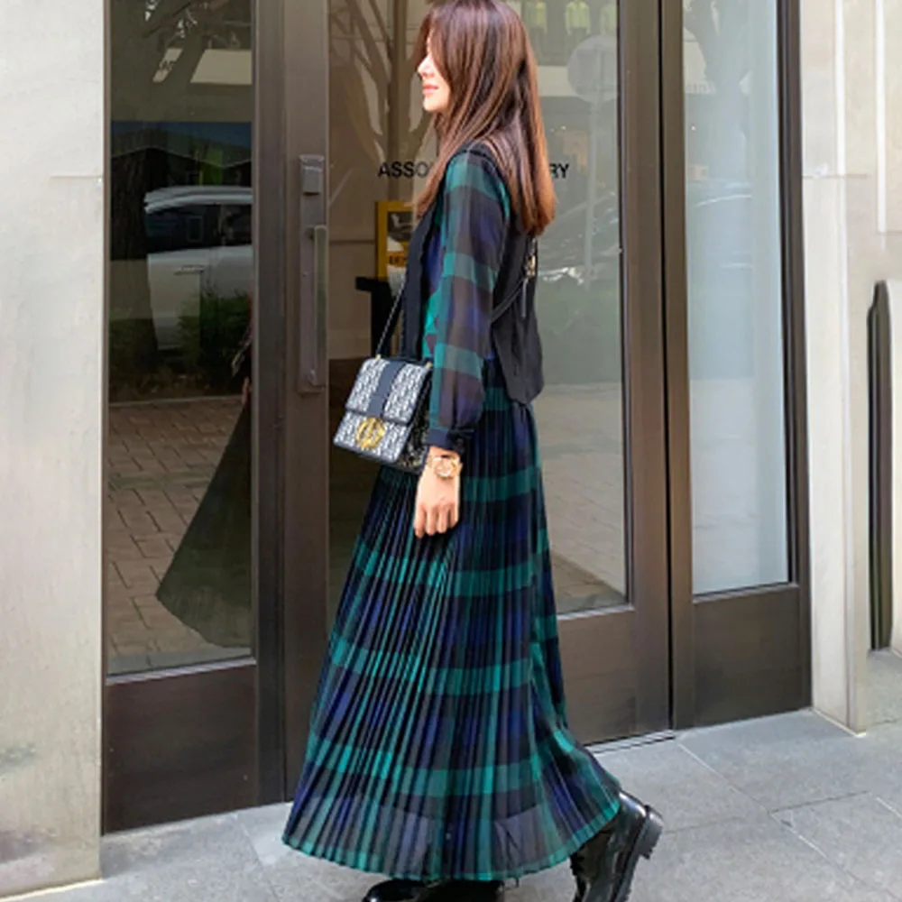 Wholesale qBFc5 Korean Style Plaid Women Long Dresses Spring Autumn 2019 Pleated High Waist Daily Date Dress Robe Femme Vestiods Maxi Dress Wholesale qBFc5 Korean Style Plaid Women Long Dresses Spring Autumn 2019 Pleated High Waist Daily Date Dress Robe Femme Vestiods Maxi Dress
