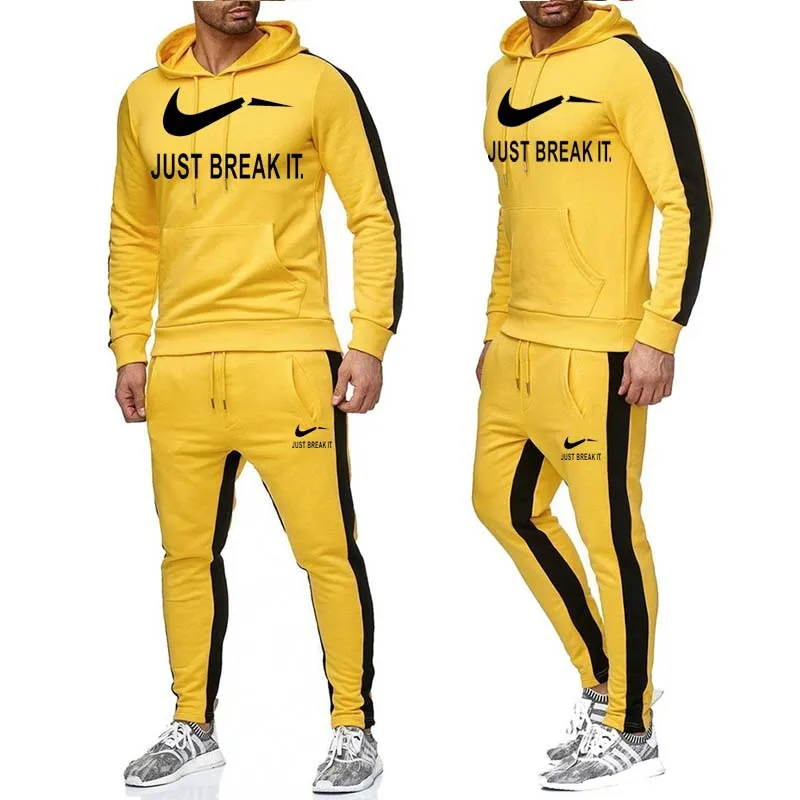 yellow and black 2 Осенне-зимний флисовый пуловер с капюшоном для мужчин, Модный популярный логотип, Спортивный Молодежный повседневный костюм, 2 предмета, худи для мужчин - Цвет: yellow and black 2