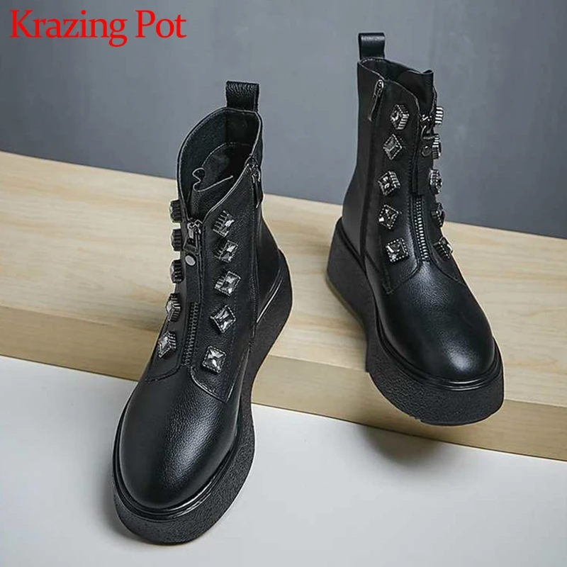 

Krazing Pot shiny crystal genuine leather round toe high heels thick bottom Zip beauty lady warm fashion solid ankle boots L56