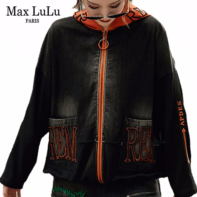 

Max LuLu 2019 Korean Fashion Streetwear Ladies Denim Patchwork Jackets Womens Loose Hooded Coats Casual Autumn Clothes Plus Size