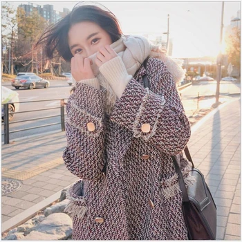 

Casaco Feminino women plaid long woolen coat thick warm winter checkered long sleeve lapel loose tassel straight tops S187