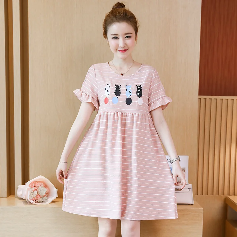 

Maternity Clothes Spring Short Sleeve Joint Plaid Cute Cat Loose-Fit Nursing Full Body Dress-Style Summer Wear on Clothes