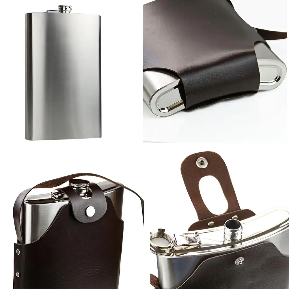 

64 унции, большая плотная фляжка из нержавеющей стали, уличная портативная плоская бутылка вина, Мужская Посуда, кожаный чехол, аксессуары для кемпинга