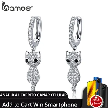 

BAMOER 925 Sterling Silver Cute Cat Crystal Pussy Dazzling Cubic Zircon Drop Earrings for Women Sterling Silver Jewelry SCE519