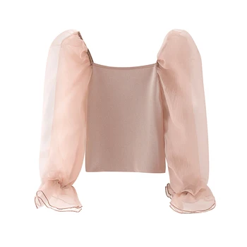 

Women Chic Mesh Organza Patchwork Blouse Solid Butterfly Long Sleeve Stylish Shirt Lady Holiday Knitted Tops Blouses Ropa Mujer