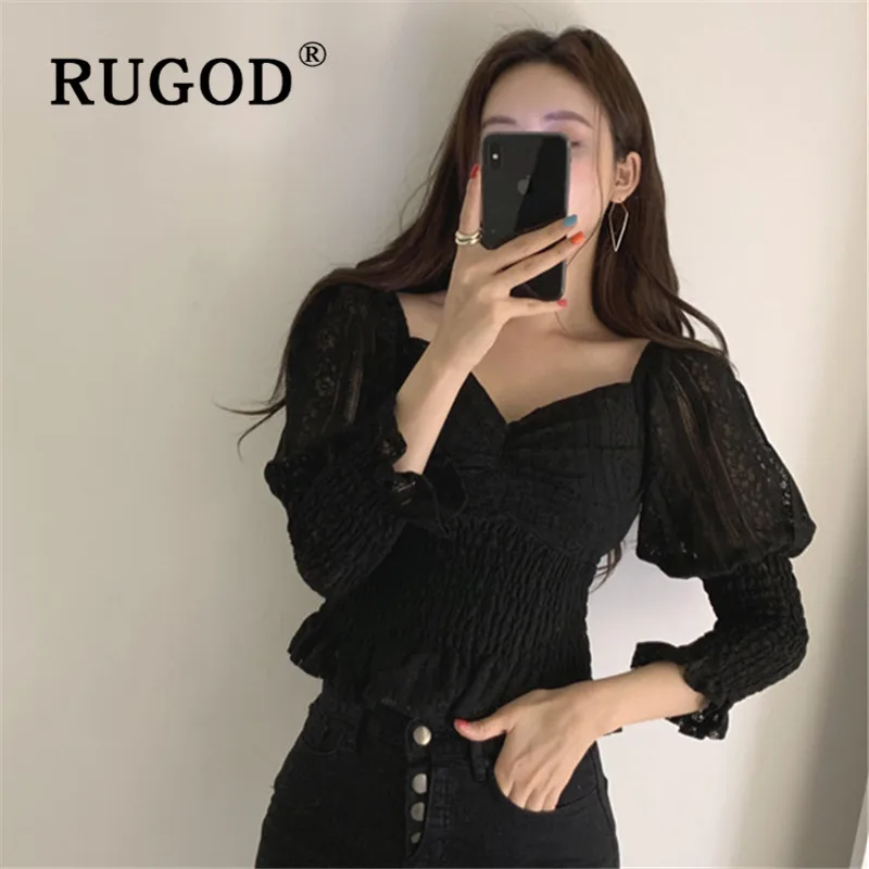 RUGOD Весенняя Элегантная блузка женские блузки короткий топ с длинным рукавом корейская модная одежда женские рубашки кружевная рубашка с рукавом-фонариком