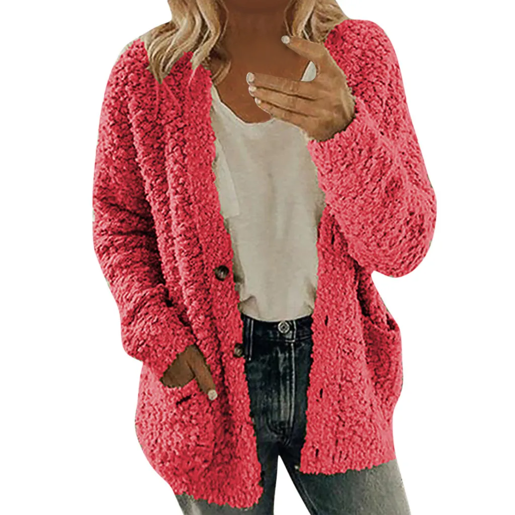 Hot Pink Модный кардиган для женщин, Повседневный, длинный рукав, на пуговицах, однотонный, с карманами, кардиган, топы, блузка, пальто, теплый кардиган, Тор, для женщин, большой размер - Цвет: Hot Pink