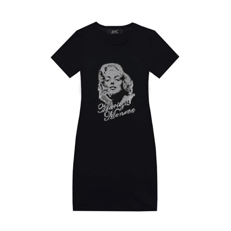 Marilyn Monroe Модное женское свободное платье с принтом рыбьей кости и стразами, с высокой талией, украшенное стразами, большие размеры, вечерние платья, платье-рубашка, Топ - Цвет: Marilyn Monroe