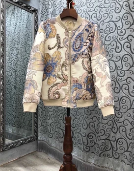 

2020 Early Autumn New Women's Embroidered Pattern Color Matching Stitching Decorations Long Sleeve Zip Cropped Jacket 817