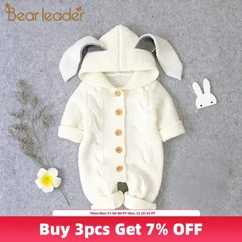 

Bear Leader Fashion Children Autumn Long Sleeve Romper Girls Rabbit Ears Cartoon Sweater with Hat Boys Solid Knitted Rompers