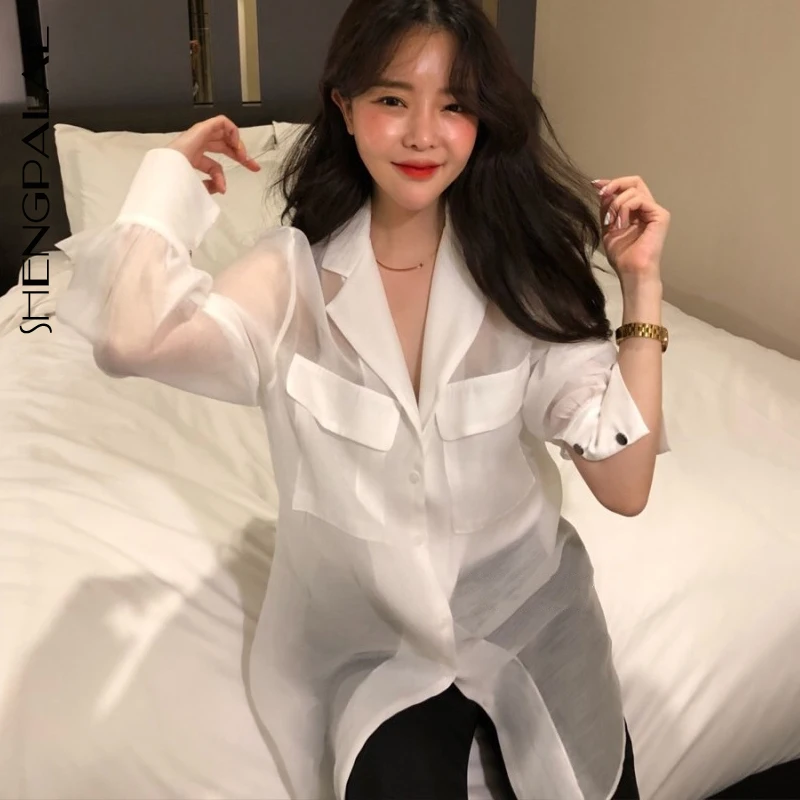 

SHENGPALAE 2020 Women Slightly Transparent Shirt Female Tops Lantern Sleeve Casual Turn-down Collar Women's Loose Blouse ZA3808
