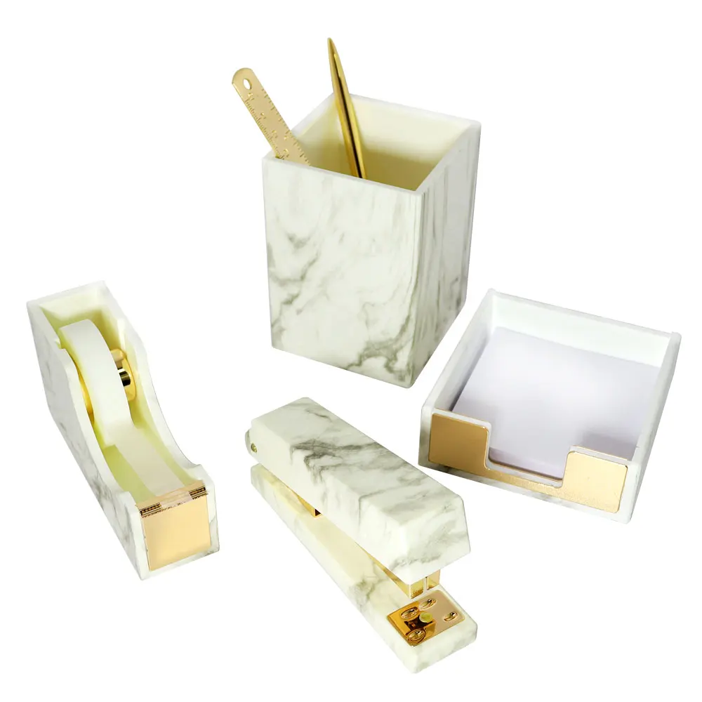 Office School Desk Decor Accessories Marble White Office Supplies Set Gold  Marble Stapler And Tape Dispenser Set