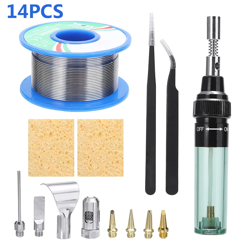 

14pcs Gas Soldering Iron Electric Solder Gun Tools Gas Welder+Solder Wire+Needle Nose Pliers+Curved Tip Tweezers+Soldering Tips