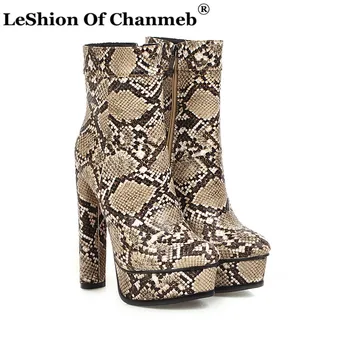 

New Stylish Women's 2019 Extremely High Heels Platforms Runway Boots Ladies Snakeskin Python Printing PU Leather Booties Autumn