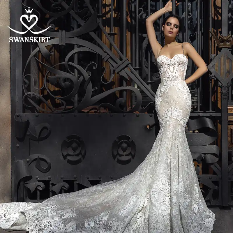 Vestido De Novia Sexy Con Apliques De Encaje 2020 Swanskirt Correas De Cristal Corte Sirena Cola Vestido De Novia Sin Espalda Vestido De Novia F264 Aliexpress