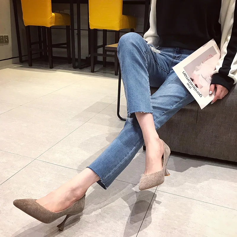 

New Style Autumn GIRL'S 2019 High Heel Shoes Women's Korean-style Versatile Thin Heeled Shallow Mouth Pointed Rubber Cat with Fo