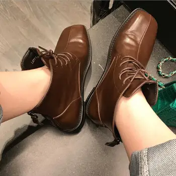 

Black Square Toe Autumn Ankle Boots For Women Lace Up Women Winter Boots Leather Botas Mujer Low Heel Botas Feminina Botines