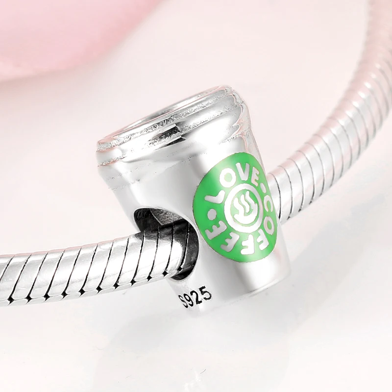 925 пробы серебро зеленая Эмаль Подвеска чашка кофе Бусины Подходит Pandora для женщин браслет DIY ювелирных изделий