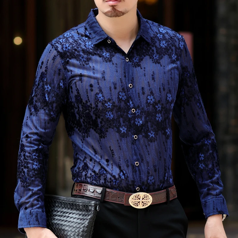 Kopen Bloem Shirt Mannen Fancy Club Sexy Lange Mouwen Heren Designer Shirt Camisa Sociale Masculina Heren Shirts Casual Slim Fit Black navy