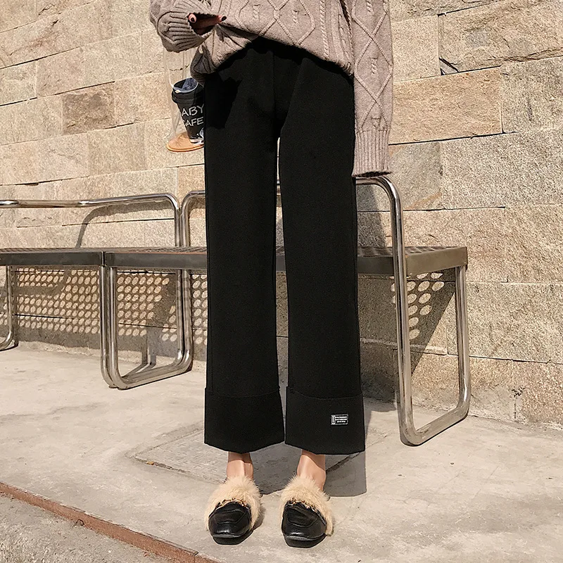 Женские Короткие шерстяные прямые брюки размера плюс, женские корейские повседневные плотные теплые черные брюки с высокой талией и отворотами, зима, PA80
