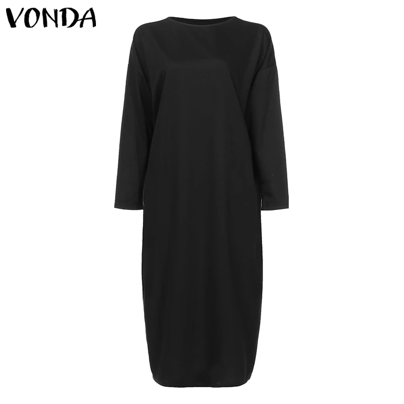 Платье-рубашка с длинным рукавом VONDA, женское повседневное одноцветное длинное платье, модное платье с круглым вырезом, Vestidos размера плюс, богемное платье 5XL