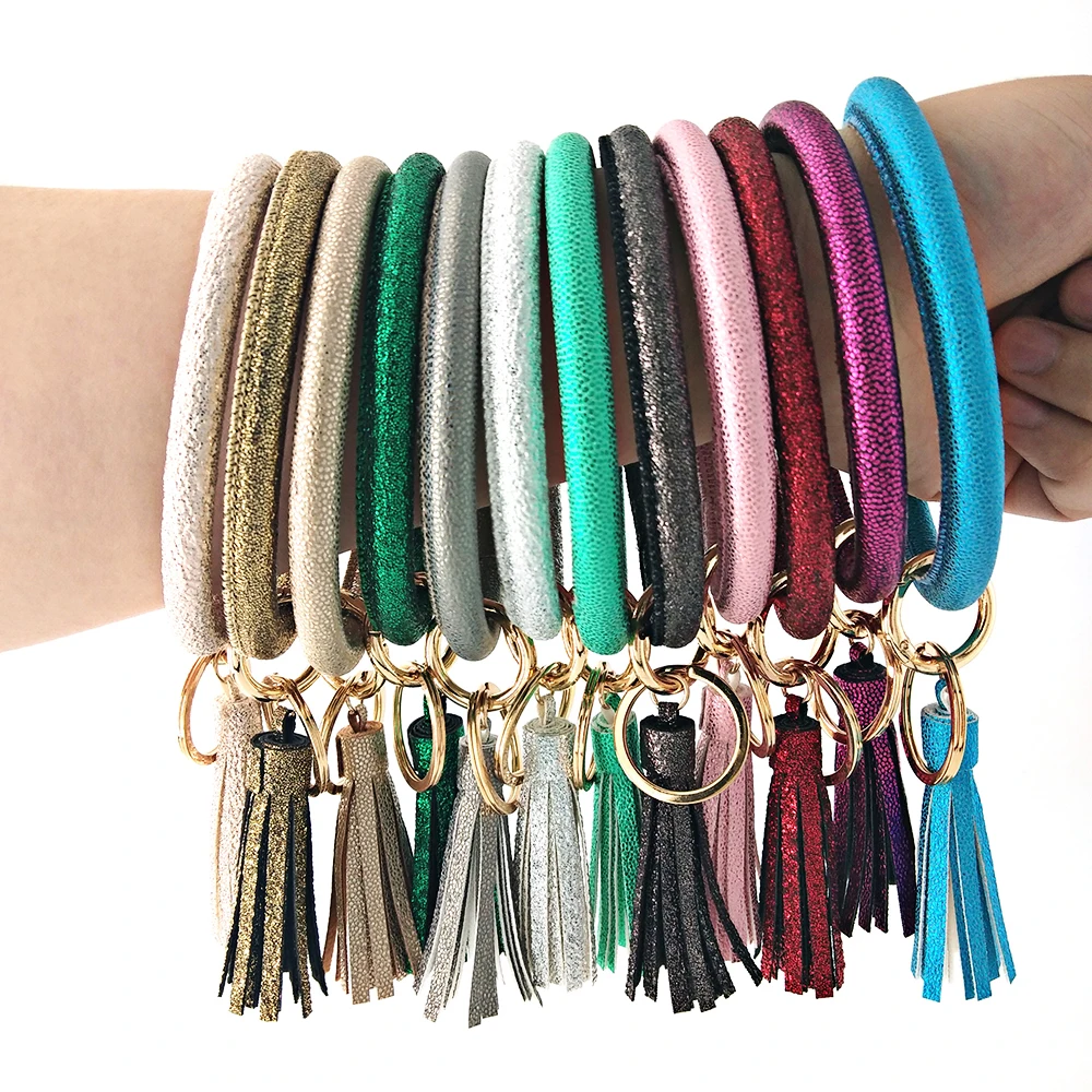 PU Leather Bracelet Keychain for Women Bright Solid Color Wristlet Keychain Fashion Tassel Bangle Keychain Accessories