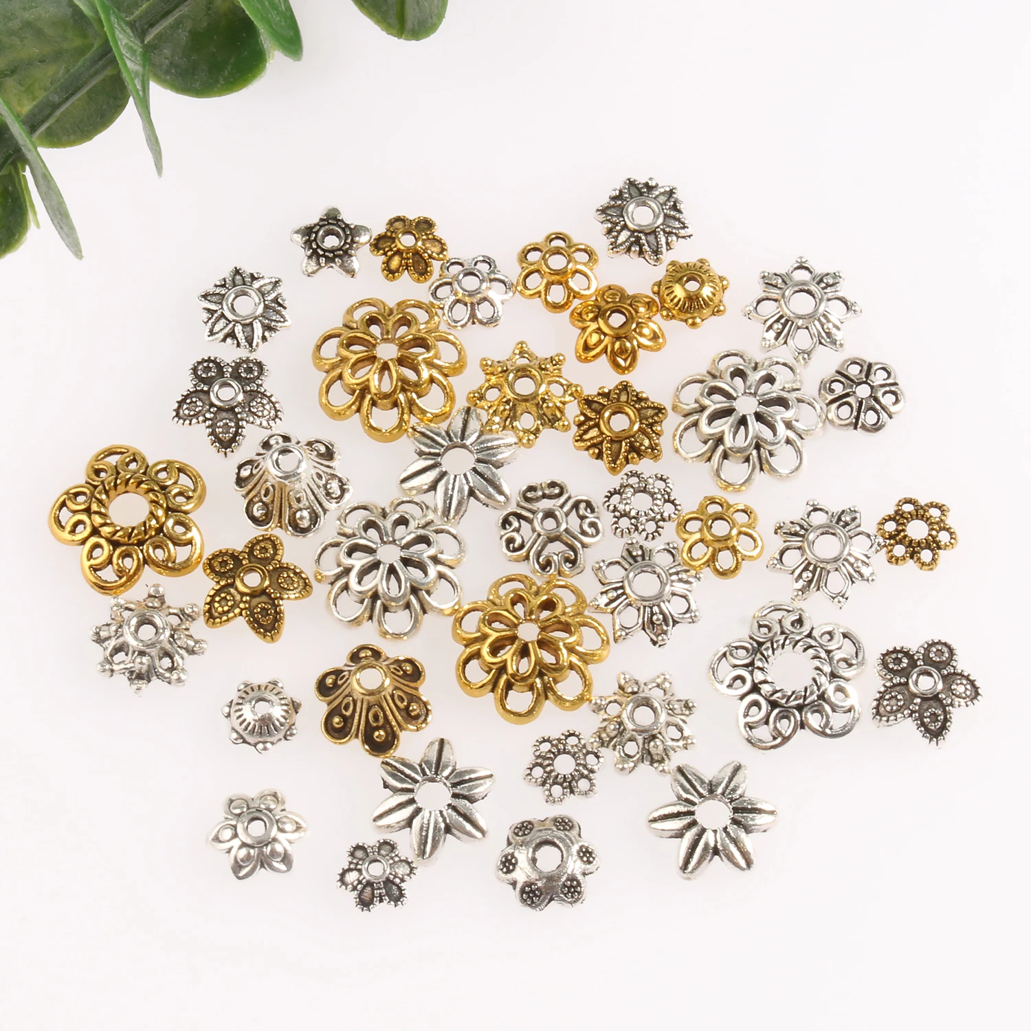 100 Coperchini Metallici A Forma Di Fiore Lungo Per Gioielli Fai Da Te - 5 Colori Misti - Distanziatori Stile Tibetano Vintage - 41x8 Mm