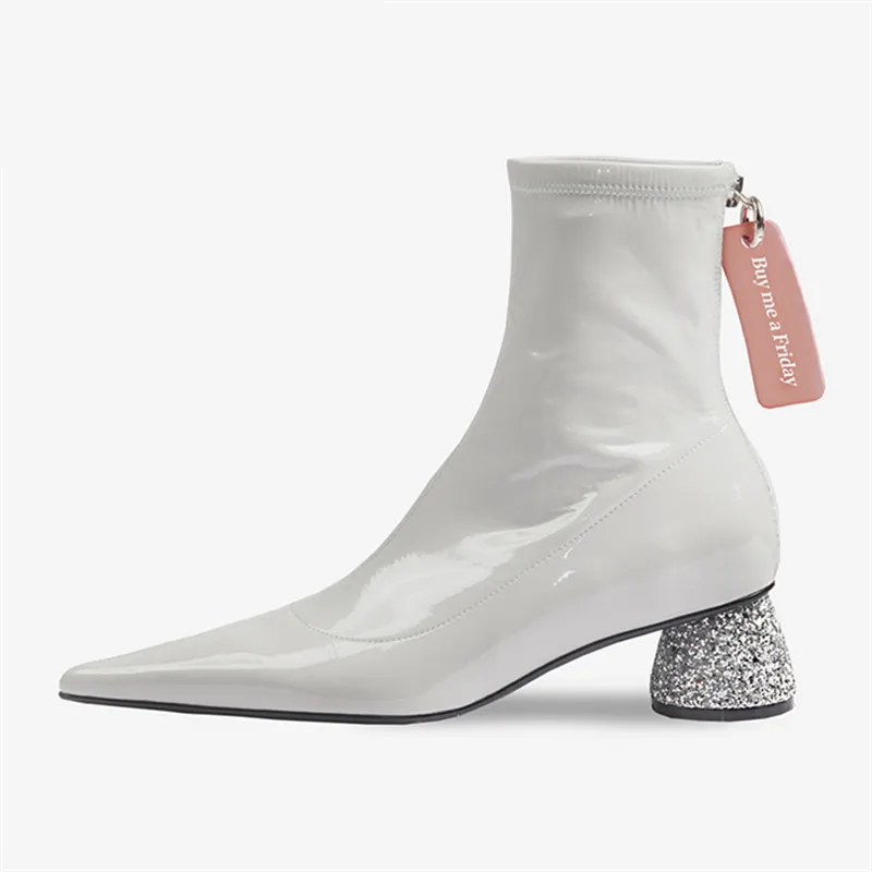 patent leather white booties
