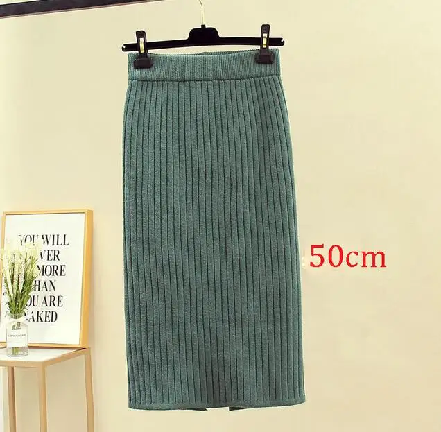 Dark green 50cm Женская юбка-карандаш с высокой талией, Осень-зима, элегантная облегающая трикотажная юбка, черная однотонная женская офисная длинная юбка, jupe femme - Цвет: Dark green 50cm