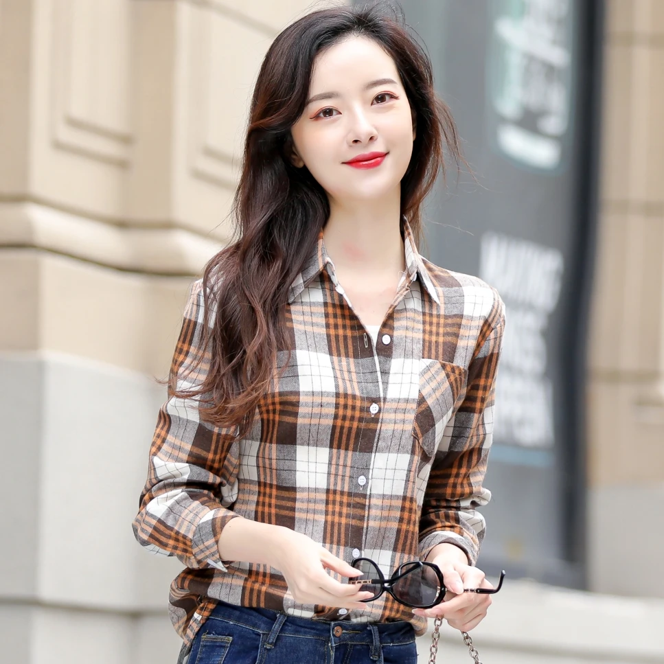 2021 Women's Fashion Cotton Plaid Shirt Checked Blouse Long Sleeve Female Casual Loose Winter Cotton Plaid Tops Outerwear