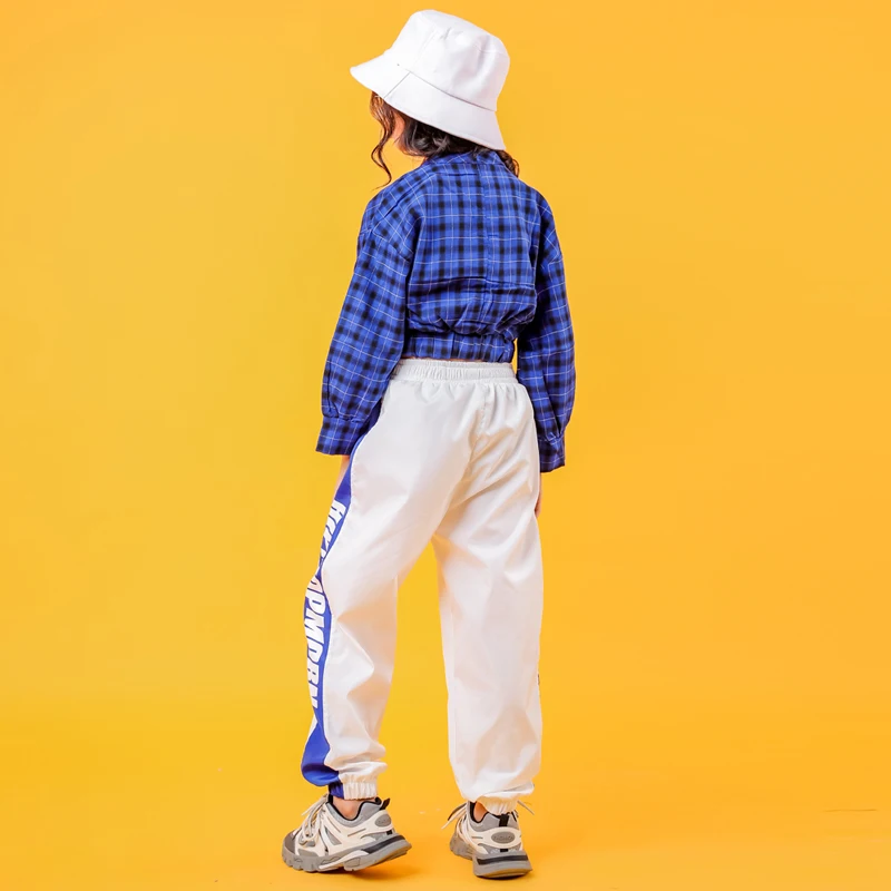 Blue Girls Boys Hip Hop Hoodies Dance Clothes for Kids Jazz Dancing Costumes SweaterShirt Ballroom Crop Tops Plaid Jogger Pants (10)